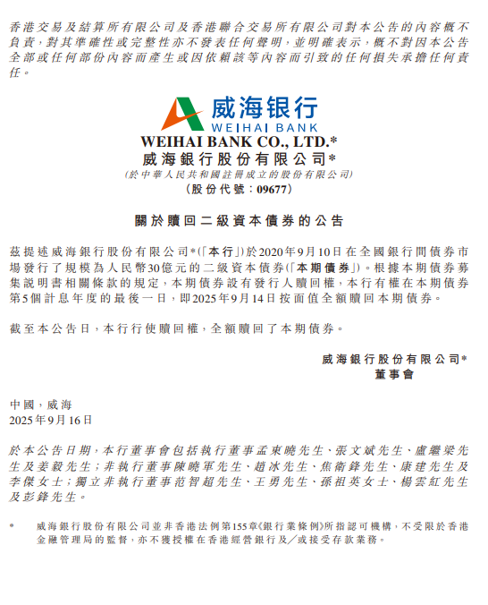 威海银行：已全额赎回30亿元二级资本债券